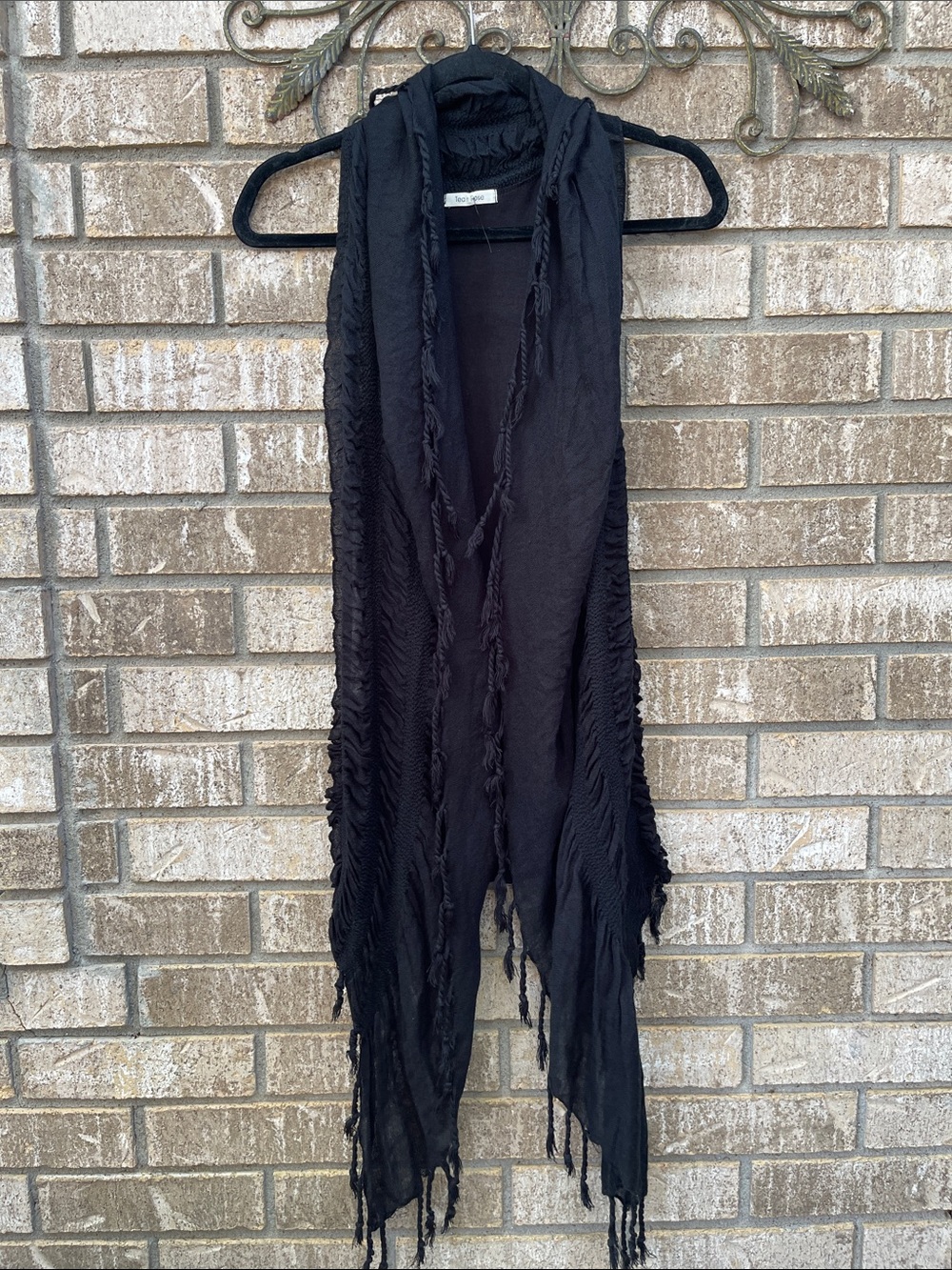 tea n rose Western Boho Black Long Draped Vest with Fringe O/S
